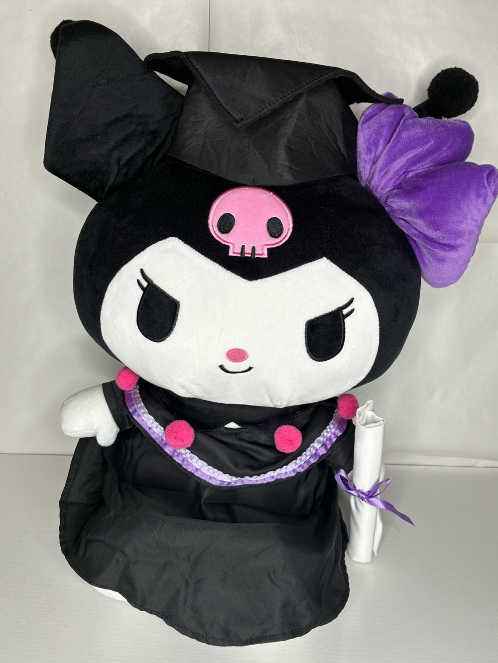 Kuromi Graduation Plush — Black, White, Purple & Pink